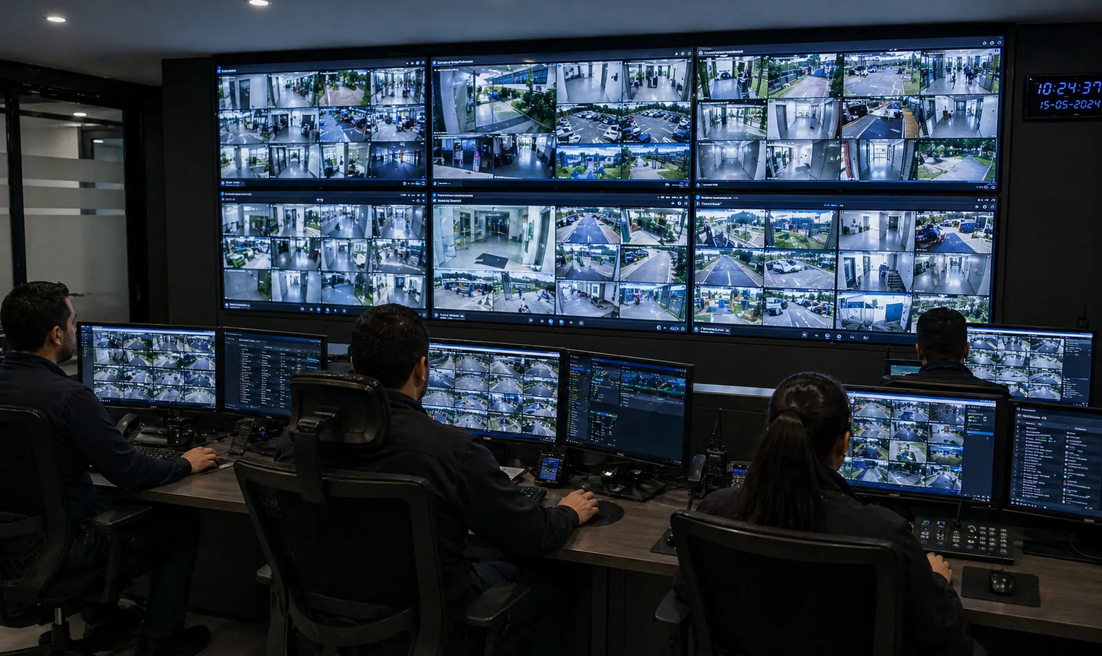 Sala de monitoreo profesional con videowall y operadores