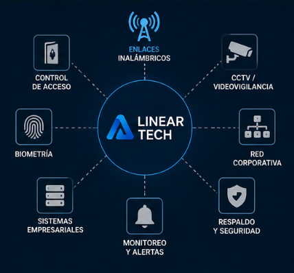 Diagrama core de Linear Tech con enlaces inalámbricos, CCTV, red corporativa, respaldo, monitoreo, sistemas empresariales, biometría y control de acceso