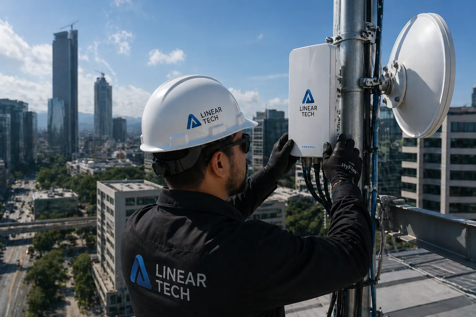 Técnico de Linear Tech instalando un enlace de microonda en torre urbana