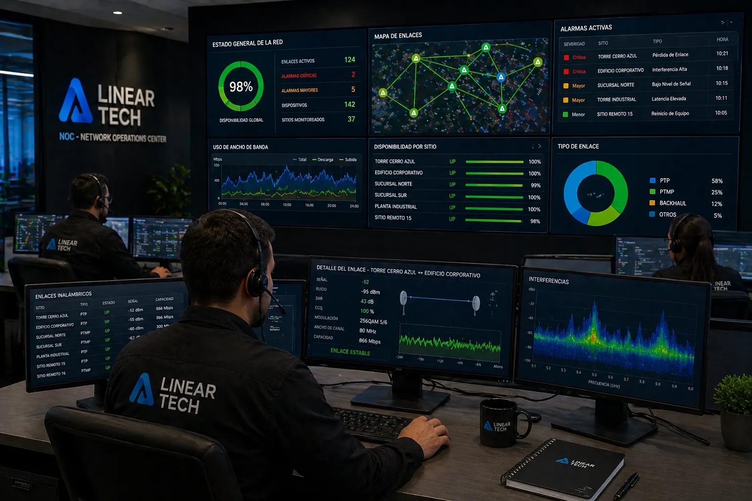 Centro de operaciones monitoreando enlaces inalámbricos en tiempo real