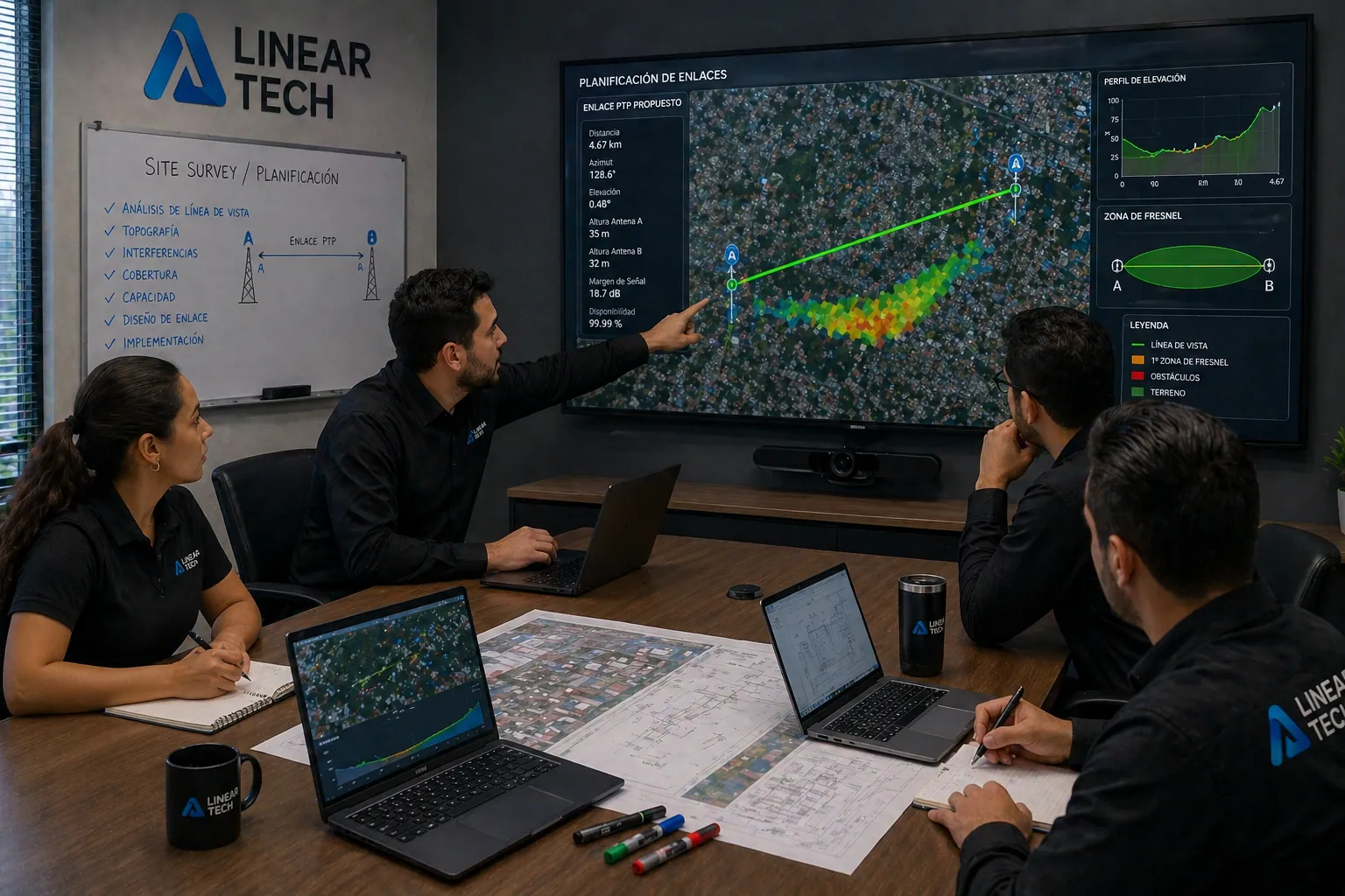 Equipo de Linear Tech planeando un enlace RF con mapas, perfil de elevación y zona de Fresnel